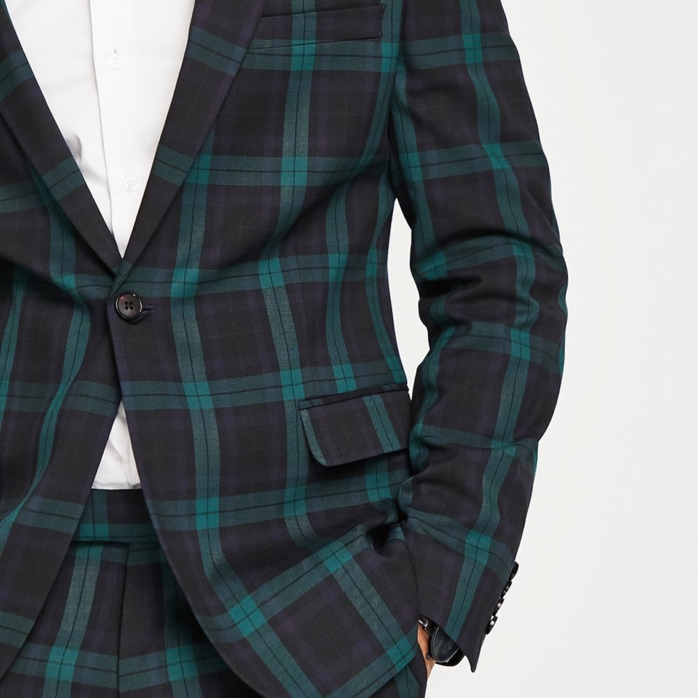 New ASOS DESIGN Tartan Blazer Dark Green + Black